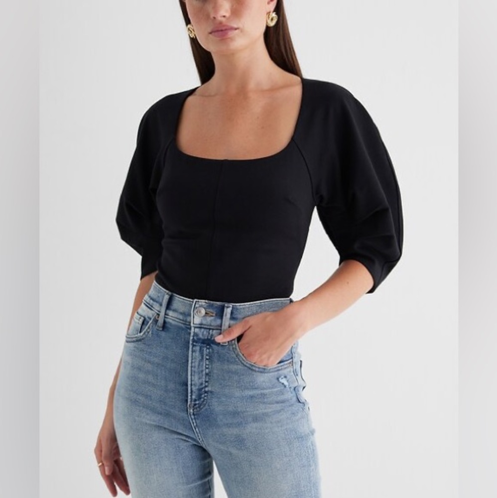 NEW! Express Black Fitted Ponte Square Neck Puff Sleeve Bodysuit Size S